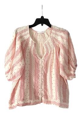 Olivaceous Women’s Pink & White Polka Dot & Stripe Mix Print Peasant Top Size M